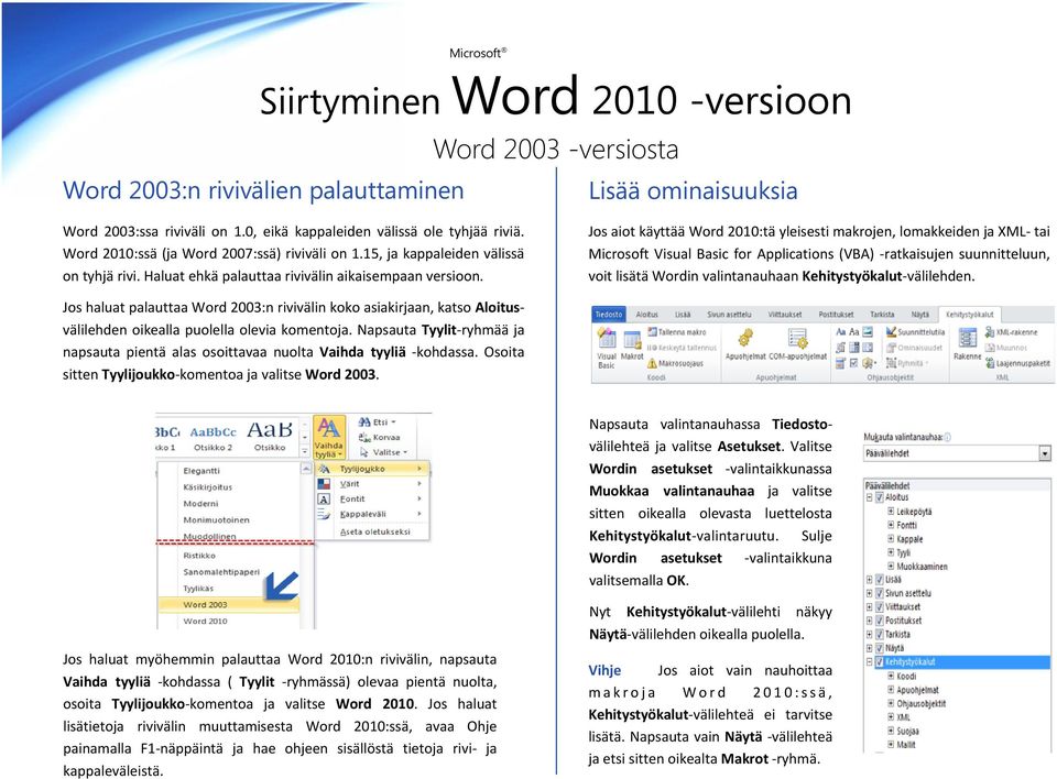 Lisää ominaisuuksia Jos aiot käyttää Word 2010:tä yleisesti makrojen, lomakkeiden ja XML- tai Microsoft Visual Basic for Applications (VBA) -ratkaisujen suunnitteluun, voit lisätä Wordin