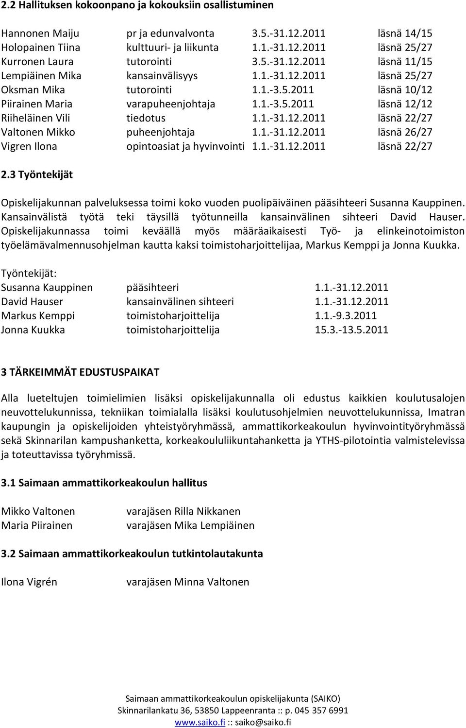 1.-31.12.2011 läsnä 22/27 Valtonen Mikko puheenjohtaja 1.1.-31.12.2011 läsnä 26/27 Vigren Ilona opintoasiat ja hyvinvointi 1.1.-31.12.2011 läsnä 22/27 2.