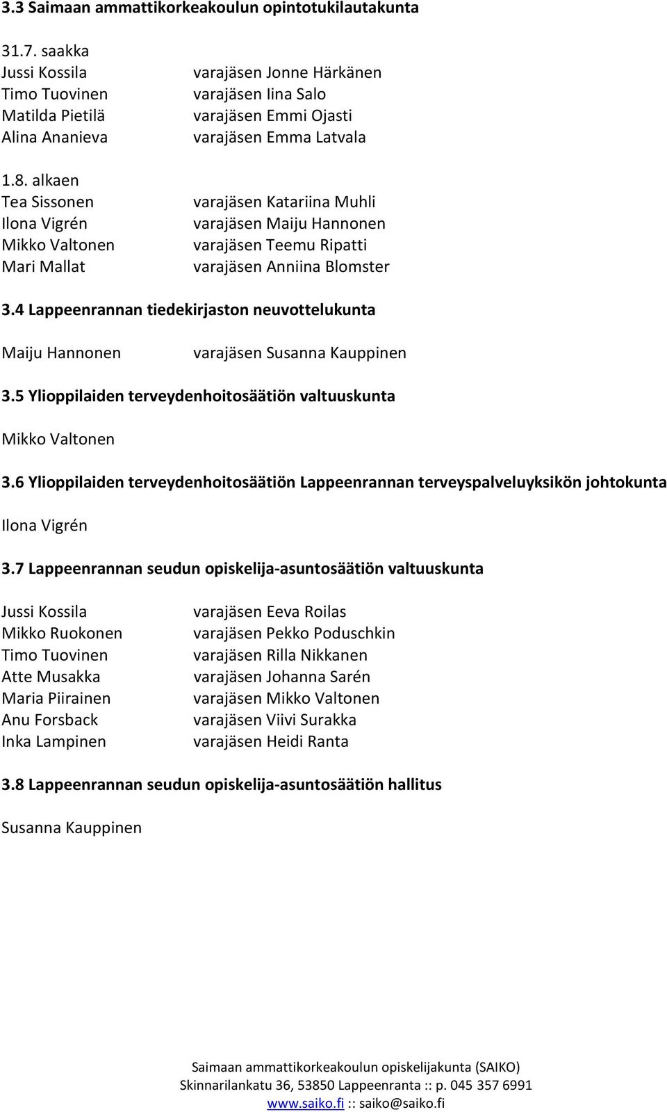 Hannonen varajäsen Teemu Ripatti varajäsen Anniina Blomster 3.4 Lappeenrannan tiedekirjaston neuvottelukunta Maiju Hannonen varajäsen Susanna Kauppinen 3.