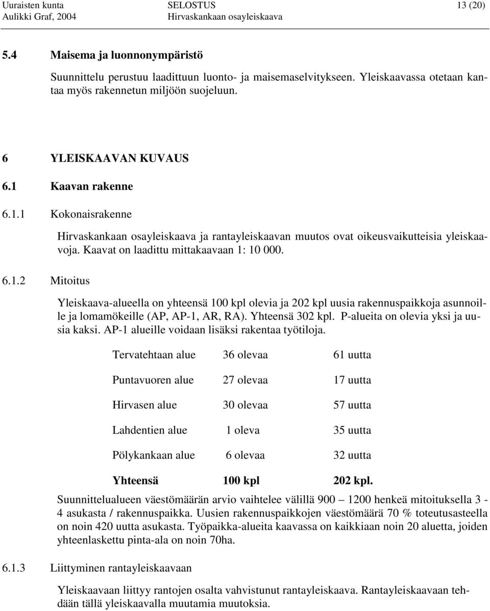 Yleiskaava-alueella on yhteensä 100 kpl olevia ja 202 kpl uusia rakennuspaikkoja asunnoille ja lomamökeille (AP, AP-1, AR, RA). Yhteensä 302 kpl. P-alueita on olevia yksi ja uusia kaksi.