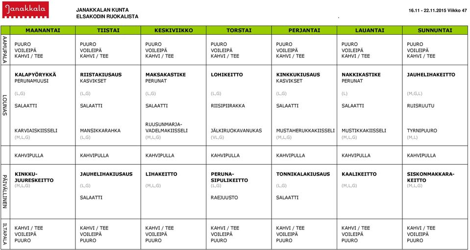 (L,G) (L,G) (L,G) (L) (M,G,L) SALAATTI SALAATTI SALAATTI RIISIPIIRAKKA SALAATTI SALAATTI RUISRUUTU RUUSUNMARJA- KARVIAISKIISSELI MANSIKKARAHKA VADELMAKIISSELI