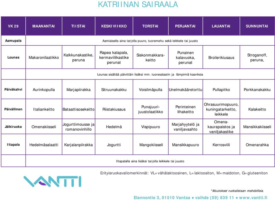 Bataattisosekeitto Riistakiusaus Punajuurijuustolaatikko Perinteinen lihakeitto Ohrasuurimopuuro, kuningatarkeitto, leikkele Kalakeitto Omenakiisseli Jogurttimousse ja