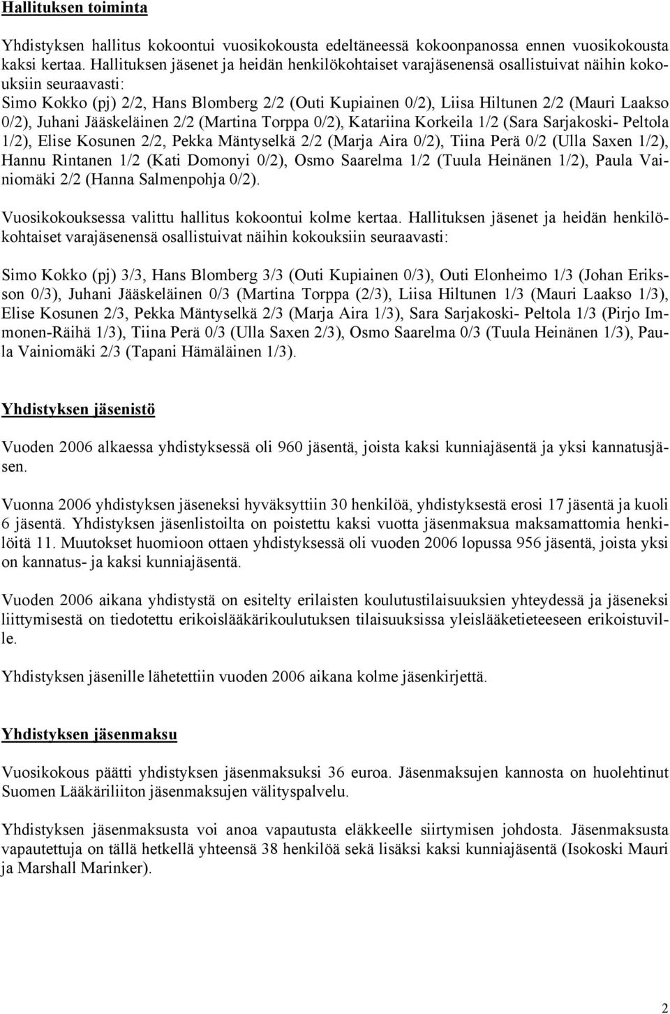 0/2), Juhani Jääskeläinen 2/2 (Martina Torppa 0/2), Katariina Korkeila 1/2 (Sara Sarjakoski- Peltola 1/2), Elise Kosunen 2/2, Pekka Mäntyselkä 2/2 (Marja Aira 0/2), Tiina Perä 0/2 (Ulla Saxen 1/2),