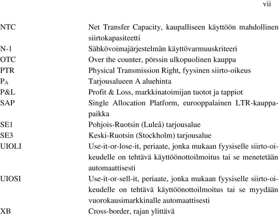 Pohjois-Ruotsin (Luleå) tarjousalue SE3 Keski-Ruotsin (Stockholm) tarjousalue UIOLI Use-it-or-lose-it, periaate, jonka mukaan fyysiselle siirto-oikeudelle on tehtävä käyttöönottoilmoitus tai se