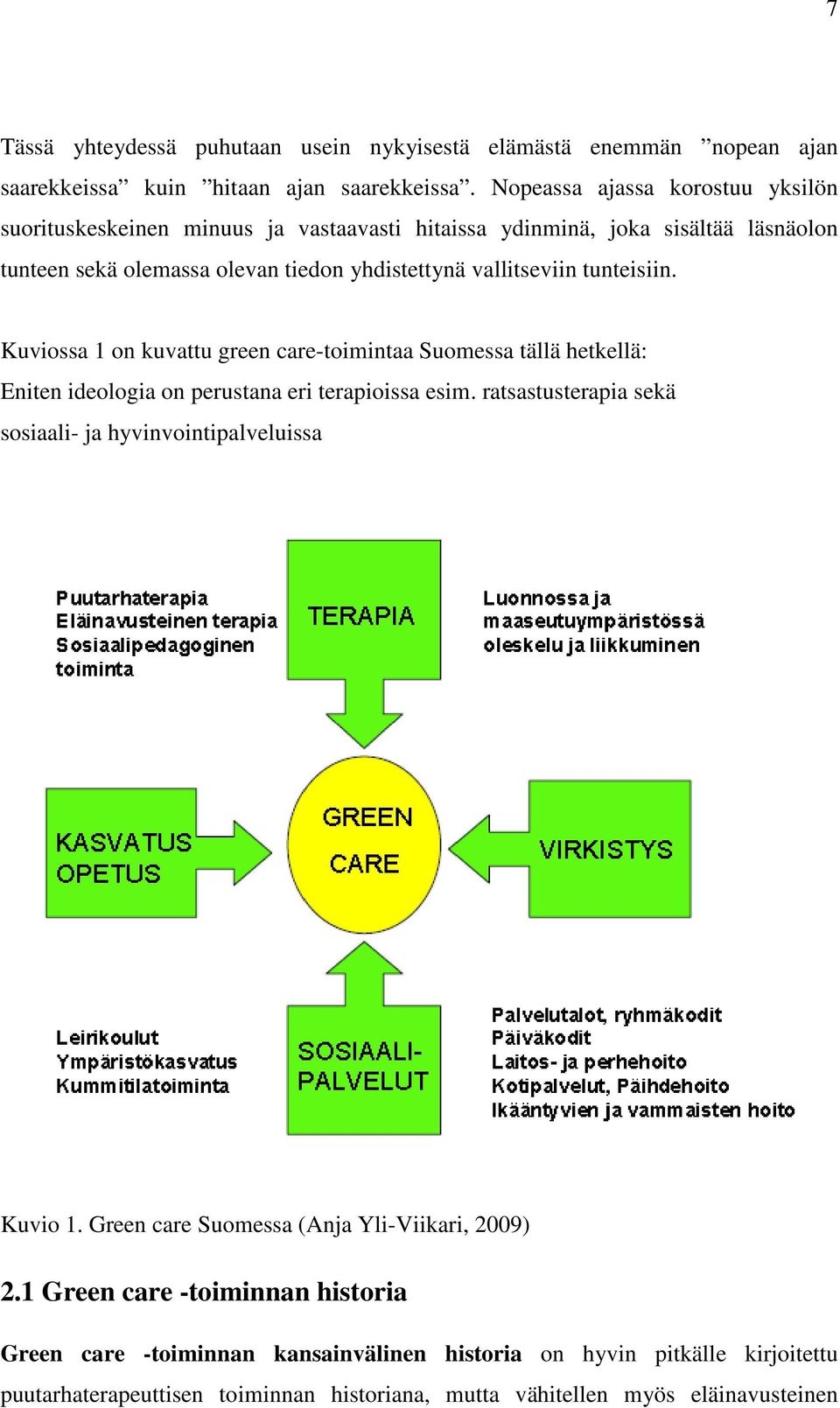 tunteisiin. Kuviossa 1 on kuvattu green care-toimintaa Suomessa tällä hetkellä: Eniten ideologia on perustana eri terapioissa esim.
