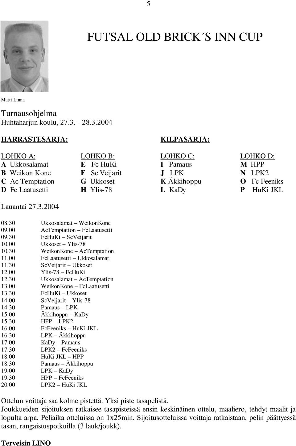 2004 HARRASTESARJA: KILPASARJA: LOHKO A: LOHKO B: LOHKO C: LOHKO D: A Ukkosalamat E Fc HuKi I Pamaus M HPP B Weikon Kone F Sc Veijarit J LPK N LPK2 C Ac Temptation G Ukkoset K Äkkihoppu O Fc Feeniks