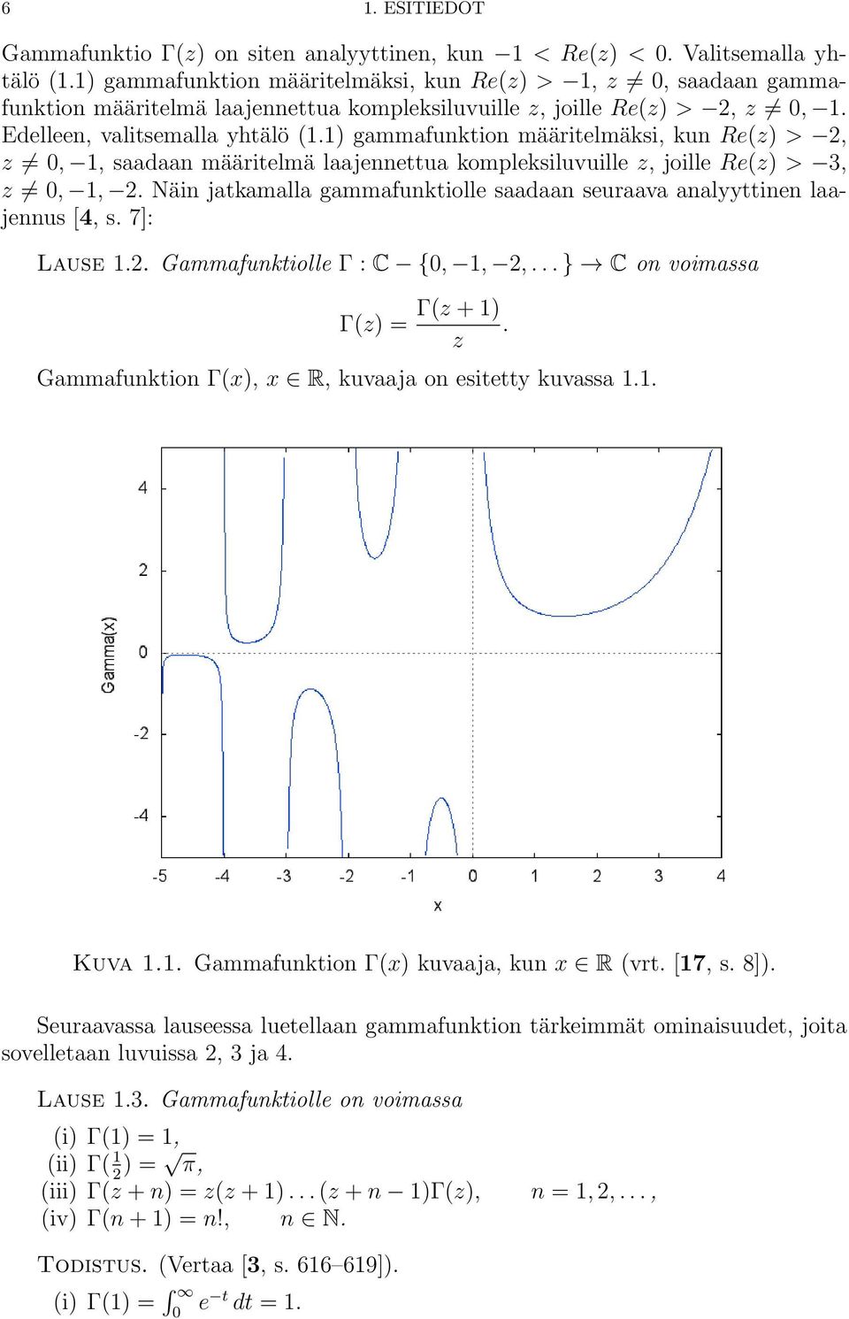 7]: Luse.. Gmmfunktiolle Γ : {,,,... } on voimss Γz) Γz + ). z Gmmfunktion Γx), x R, kuvj on esitetty kuvss.. Kuv.. Gmmfunktion Γx) kuvj, kun x R vrt. [7, s. 8]).