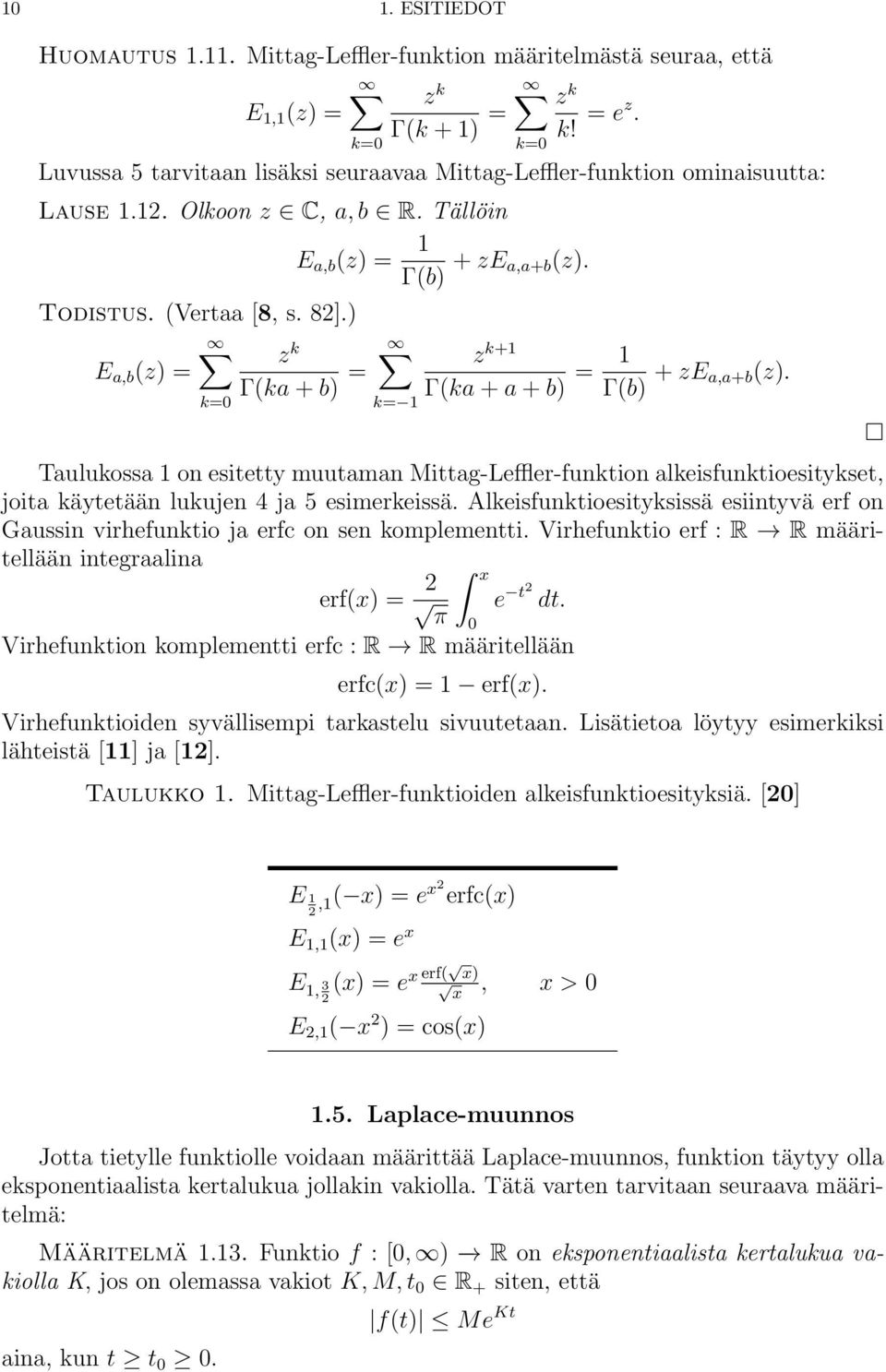 Tulukoss on esitetty muutmn Mittg-Leffler-funktion lkeisfunktioesitykset, joit käytetään lukujen 4 j 5 esimerkeissä.