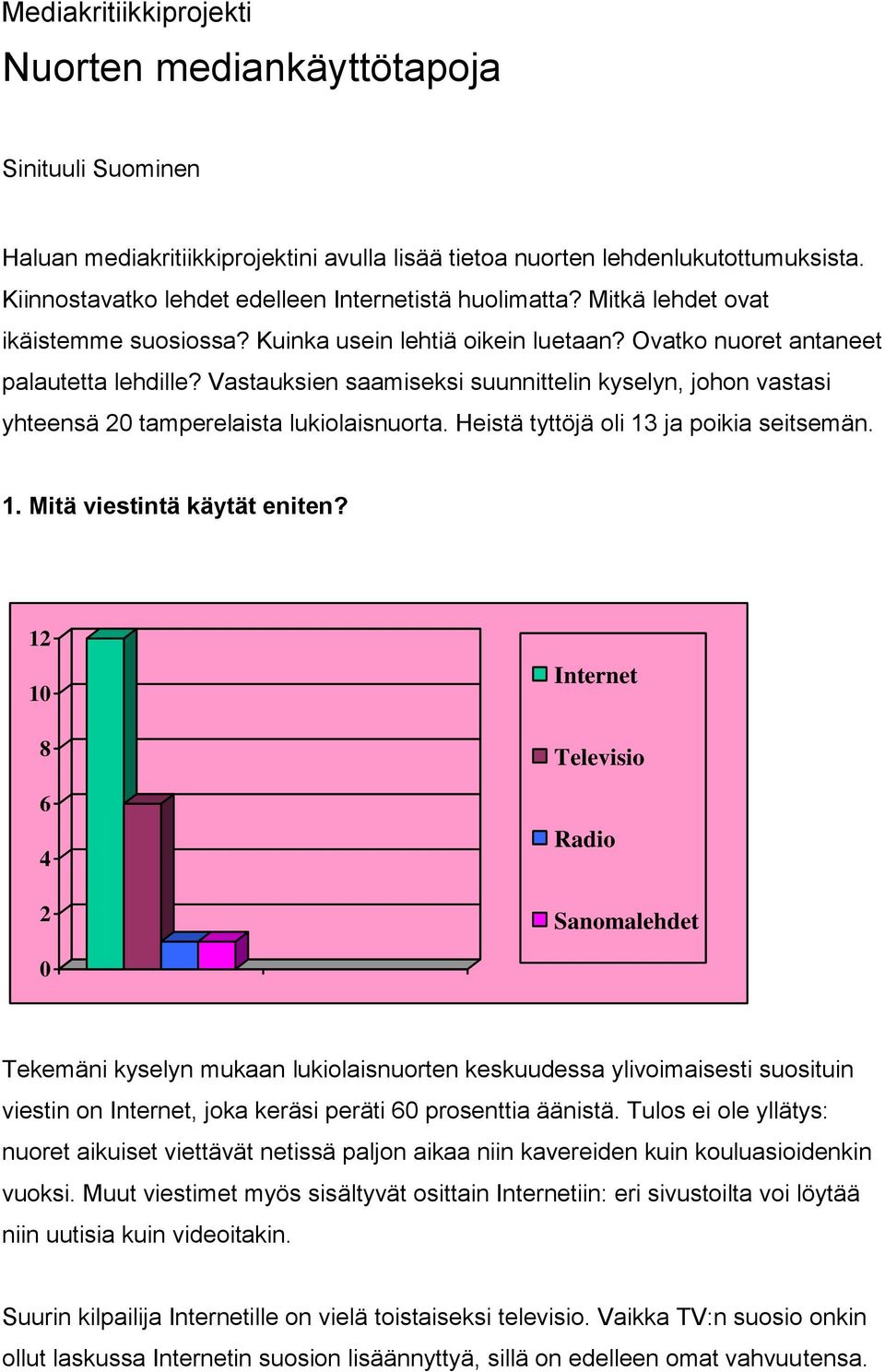 Vastauksien saamiseksi suunnittelin kyselyn, johon vastasi yhteensä tamperelaista lukiolaisnuorta. Heistä tyttöjä oli 13 ja poikia seitsemän. 1. Mitä viestintä käytät eniten?