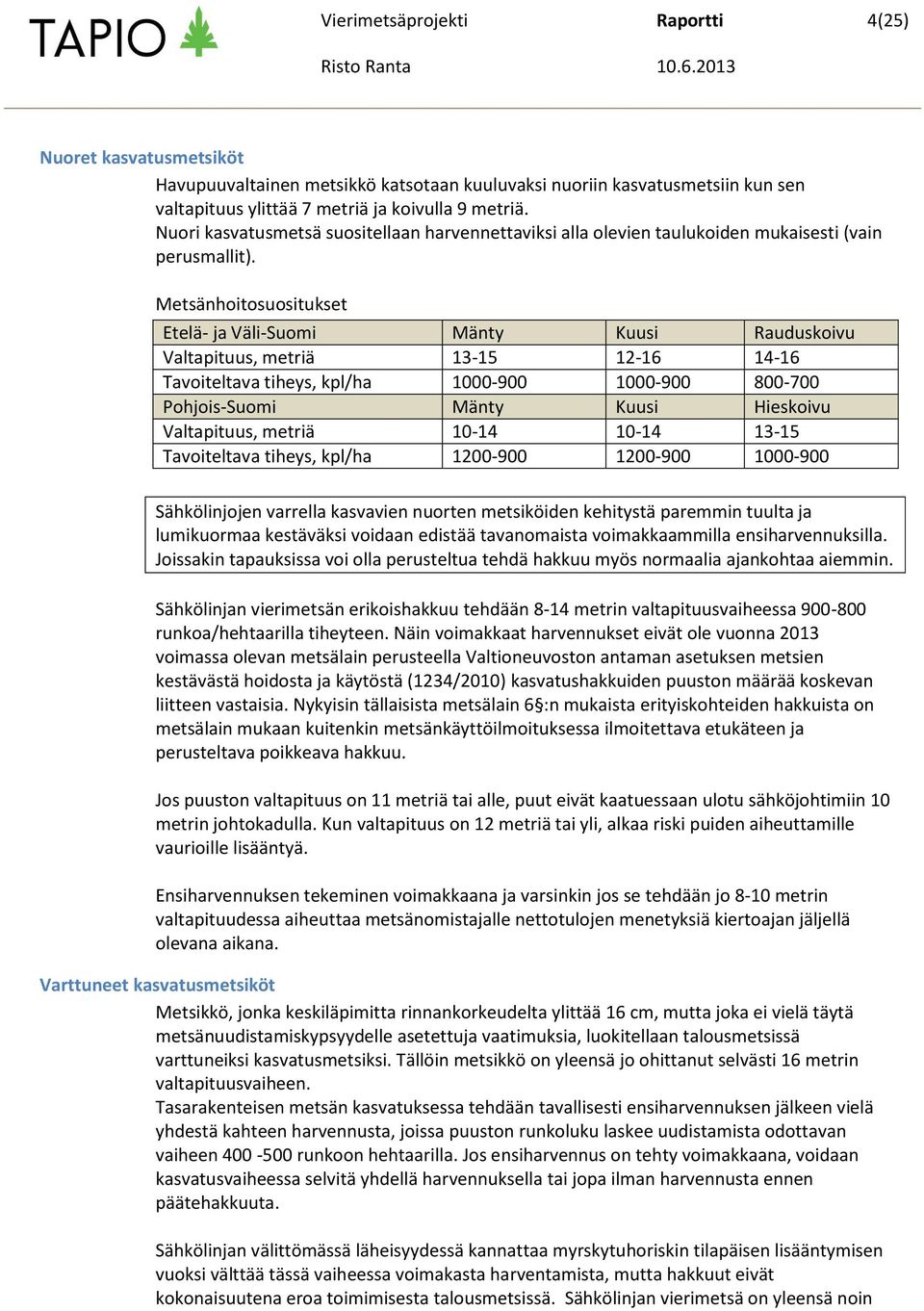 Metsänhoitosuositukset Etelä- ja Väli-Suomi Mänty Kuusi Rauduskoivu, metriä 13-15 12-16 14-16 Tavoiteltava tiheys, kpl/ha 1000-900 1000-900 800-700 Pohjois-Suomi Mänty Kuusi Hieskoivu, metriä 10-14