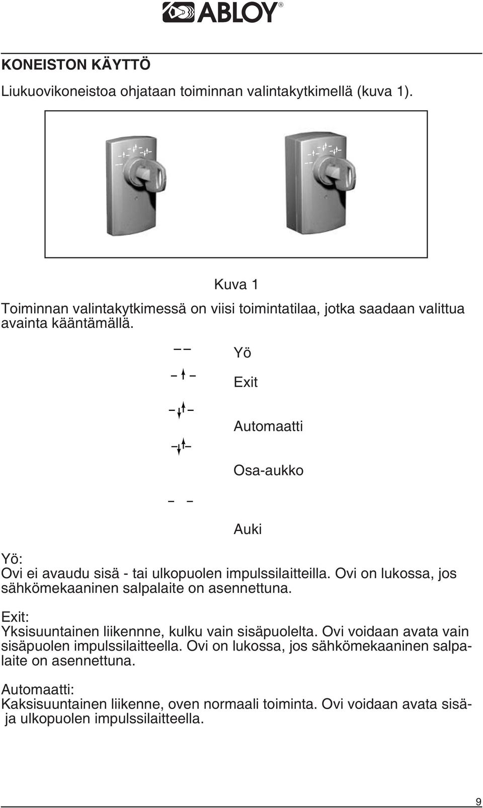 Yö Exit Automaatti Osa-aukko Auki Yö: Ovi ei avaudu sisä - tai ulkopuolen impulssilaitteilla. Ovi on lukossa, jos sähkömekaaninen salpalaite on asennettuna.