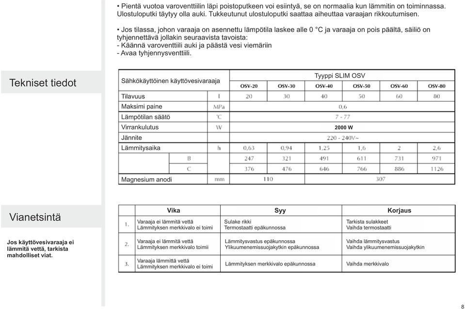 Jos tilassa, johon varaaja on asennettu lämpötila laskee alle 0 C ja varaaja on pois päältä, säiliö on tyhjennettävä jollakin seuraavista tavoista: - Käännä varoventtiili auki ja päästä vesi