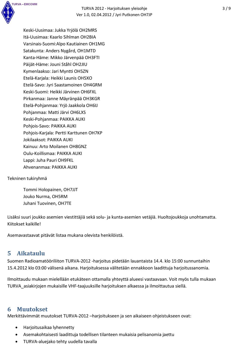 Pirkanmaa: Janne Mäyränpää OH3KGR Etelä-Pohjanmaa: Yrjö Jaakkola OH6IJ Pohjanmaa: Matti Järvi OH6LXS Keski-Pohjanmaa: PAIKKA AUKI Pohjois-Savo: PAIKKA AUKI Pohjois-Karjala: Pertti Karttunen OH7KP