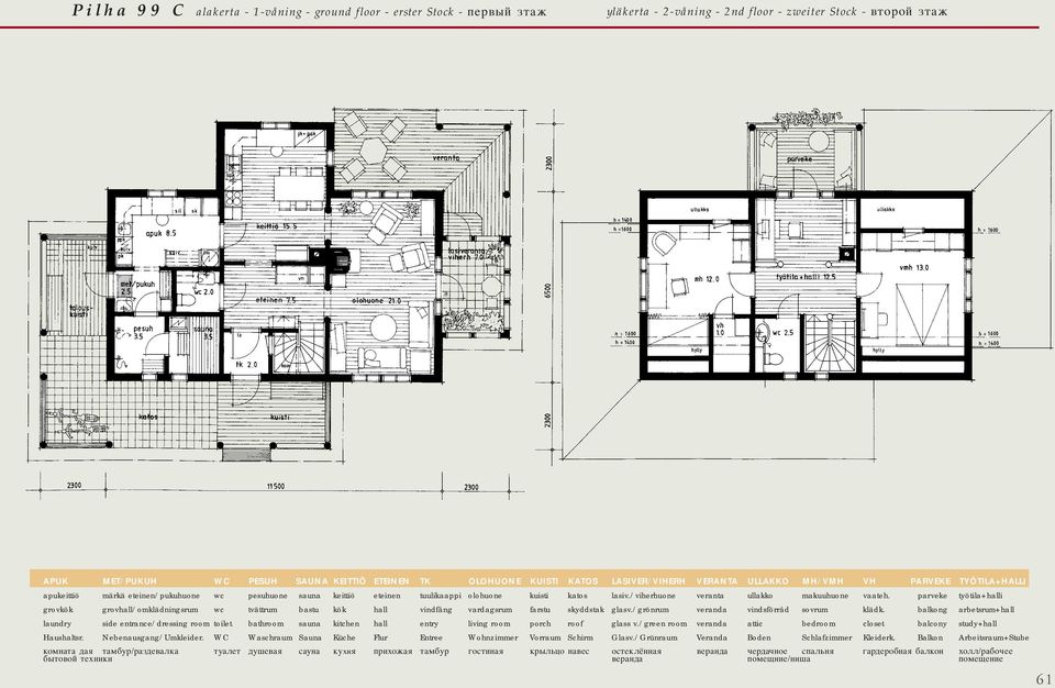 /viherhuone veranta ullakko makuuhuone vaateh. parveke työtila+halli grovkök grovhall/omklädningsrum wc tvättrum bastu kök hall vindfång vardagsrum farstu skyddstak glasv.