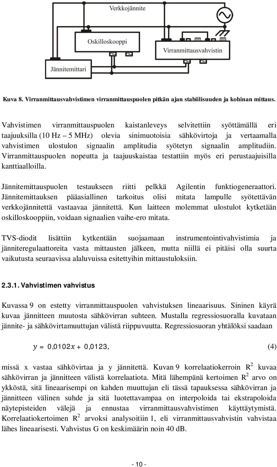 syötetyn signaalin amplitudiin. Virranmittauspuolen nopeutta ja taajuuskaistaa testattiin myös eri perustaajuisilla kanttiaalloilla.