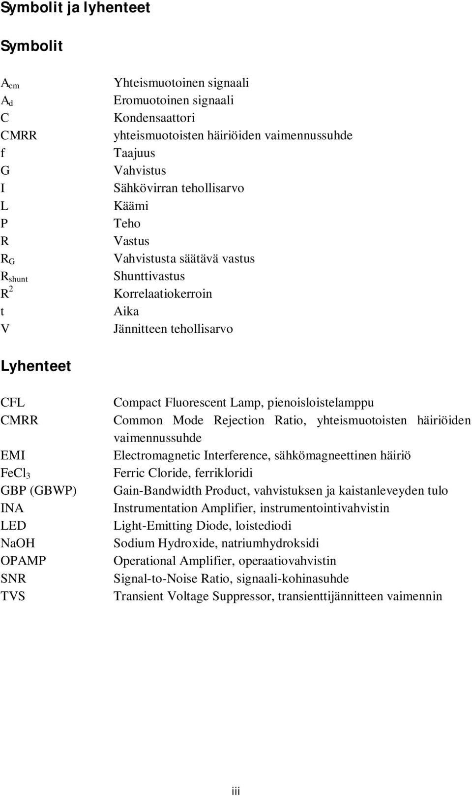 pienoisloistelamppu CMRR Common Mode Rejection Ratio, yhteismuotoisten häiriöiden vaimennussuhde EMI Electromagnetic Interference, sähkömagneettinen häiriö FeCl 3 Ferric Cloride, ferrikloridi GBP