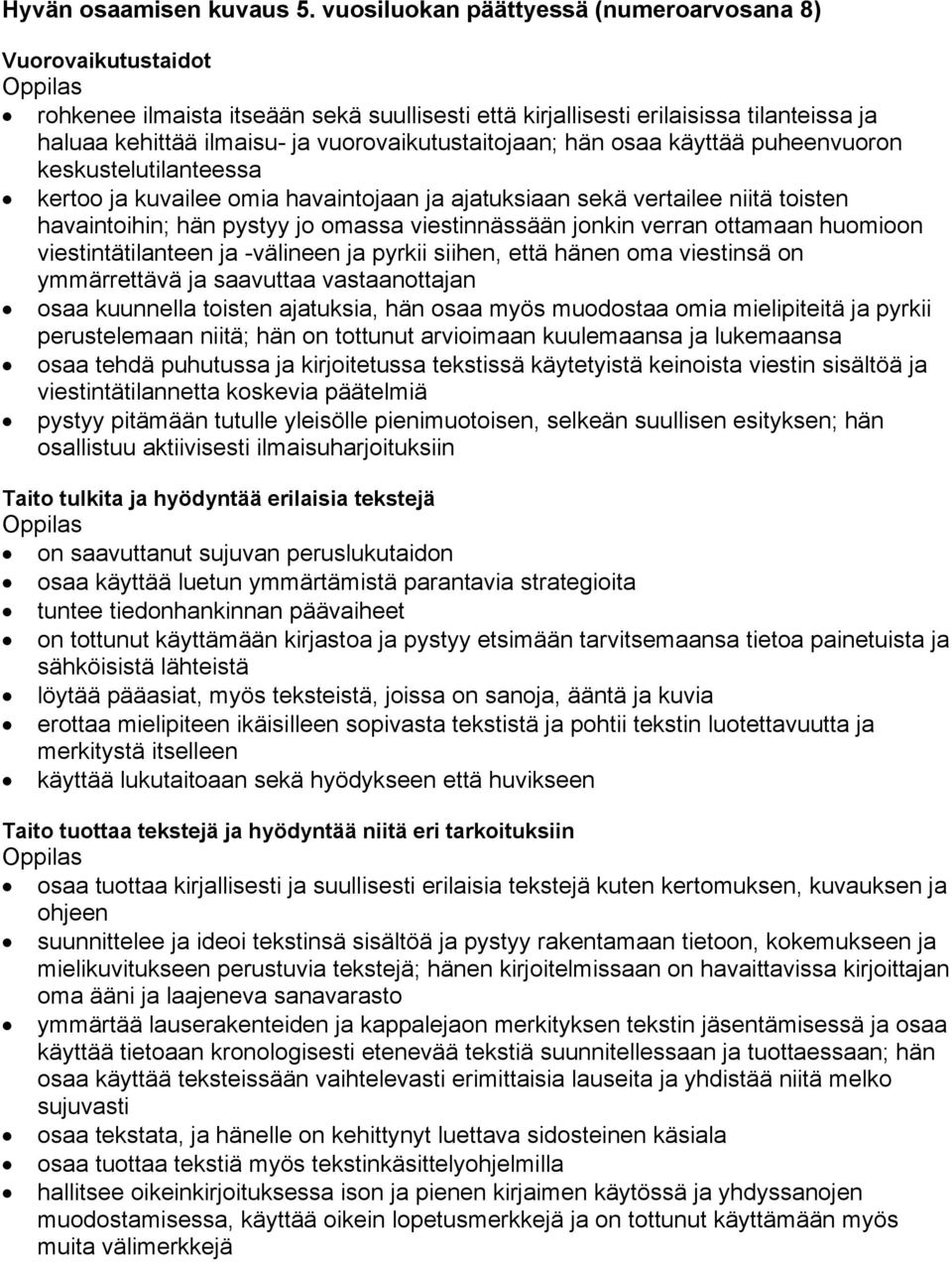 vuorovaikutustaitojaan; hän osaa käyttää puheenvuoron keskustelutilanteessa kertoo ja kuvailee omia havaintojaan ja ajatuksiaan sekä vertailee niitä toisten havaintoihin; hän pystyy jo omassa