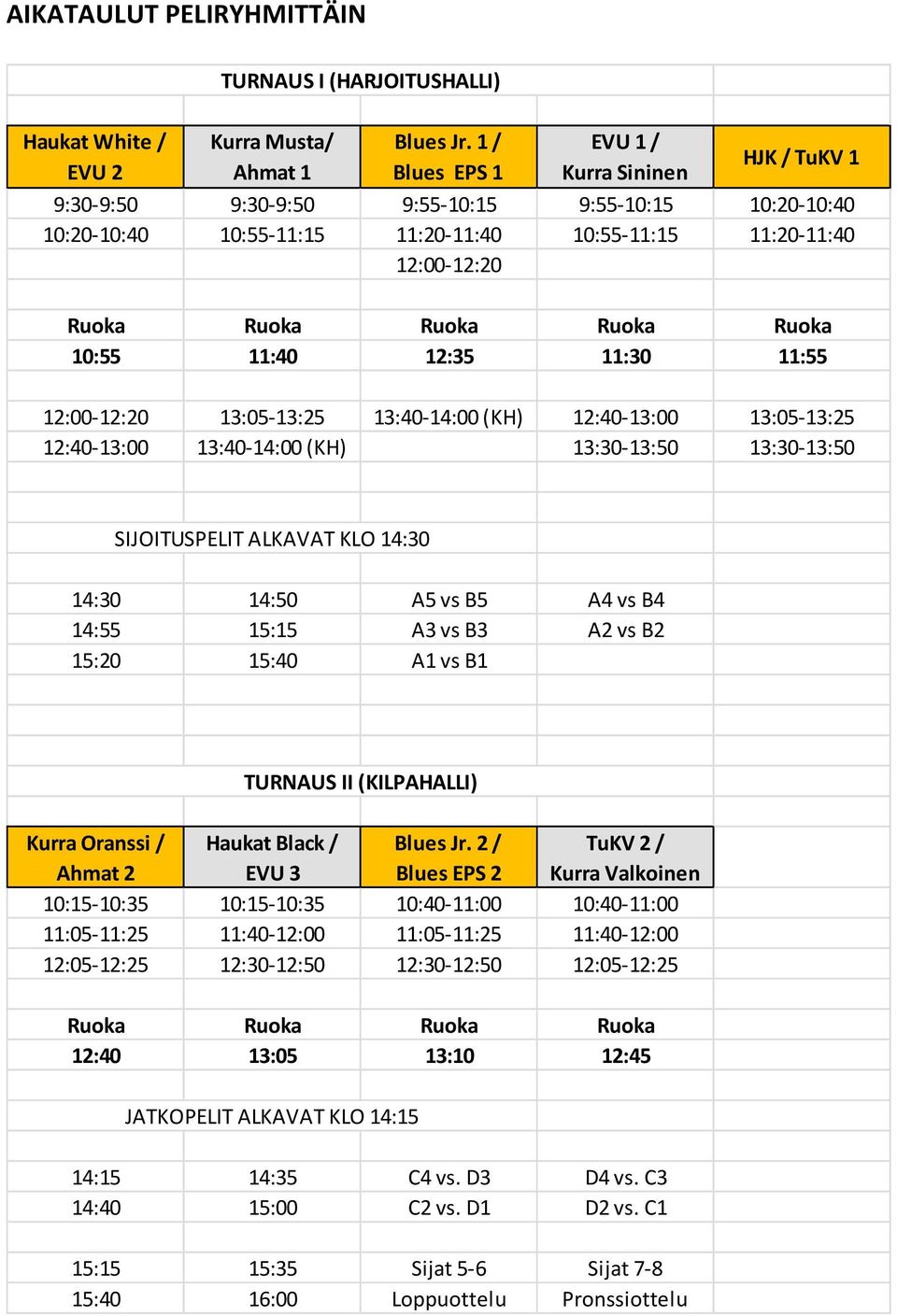 Ruoka Ruoka Ruoka Ruoka 10:55 11:40 12:35 11:30 11:55 12:00-12:20 13:05-13:25 13:40-14:00 (KH) 12:40-13:00 13:05-13:25 12:40-13:00 13:40-14:00 (KH) 13:30-13:50 13:30-13:50 SIJOITUSPELIT ALKAVAT KLO