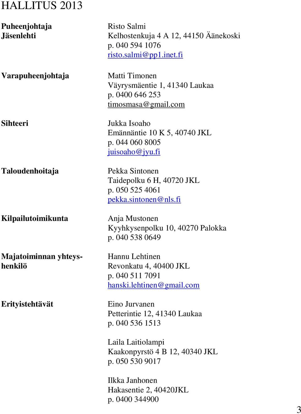 fi Pekka Sintonen Taidepolku 6 H, 40720 JKL p. 050 525 4061 pekka.sintonen@nls.fi Anja Mustonen Kyyhkysenpolku 10, 40270 Palokka p. 040 538 0649 Hannu Lehtinen Revonkatu 4, 40400 JKL p.