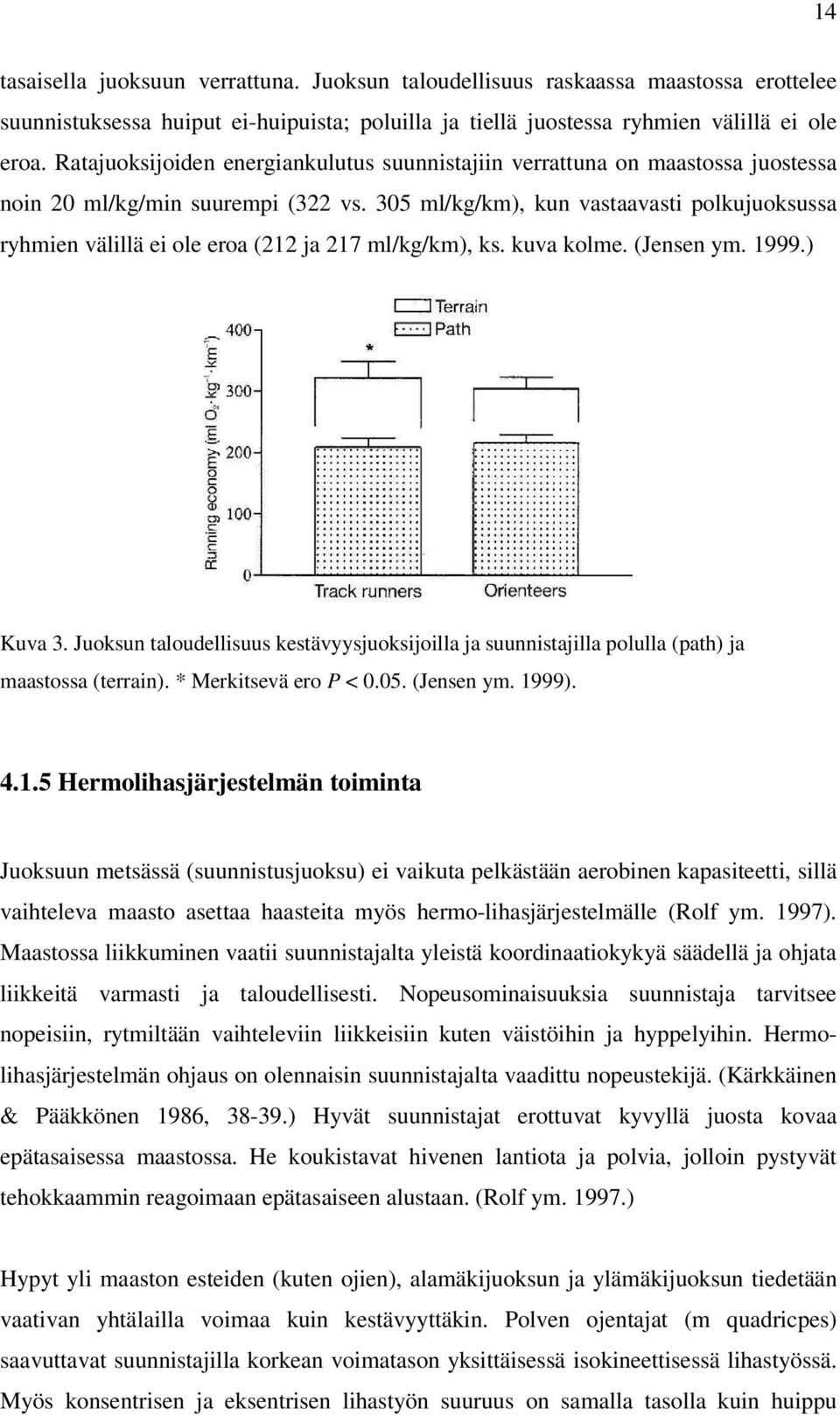 305 ml/kg/km), kun vastaavasti polkujuoksussa ryhmien välillä ei ole eroa (212 ja 217 ml/kg/km), ks. kuva kolme. (Jensen ym. 1999.) Kuva 3.