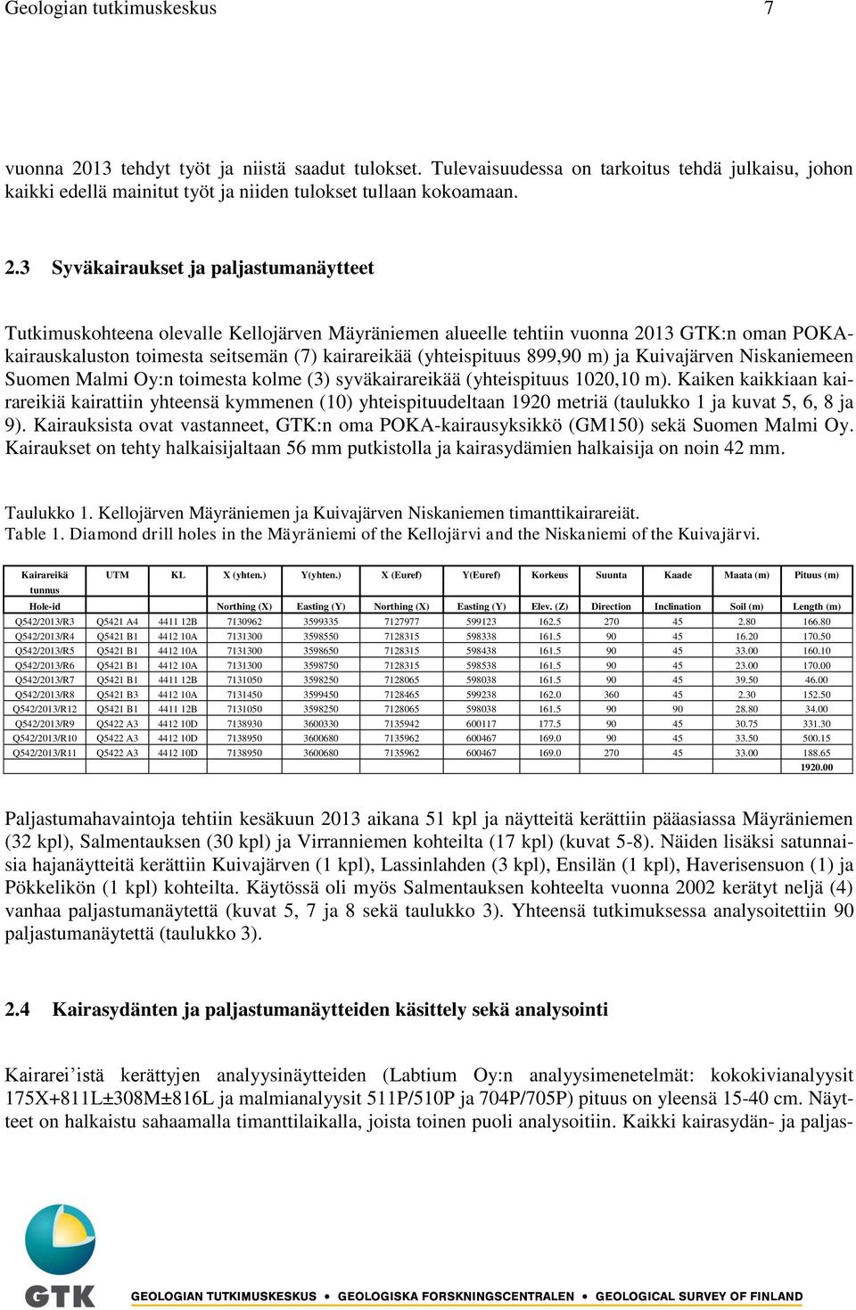 3 Syväkairaukset ja paljastumanäytteet Tutkimuskohteena olevalle Kellojärven Mäyräniemen alueelle tehtiin vuonna 2013 GTK:n oman POKAkairauskaluston toimesta seitsemän (7) kairareikää (yhteispituus
