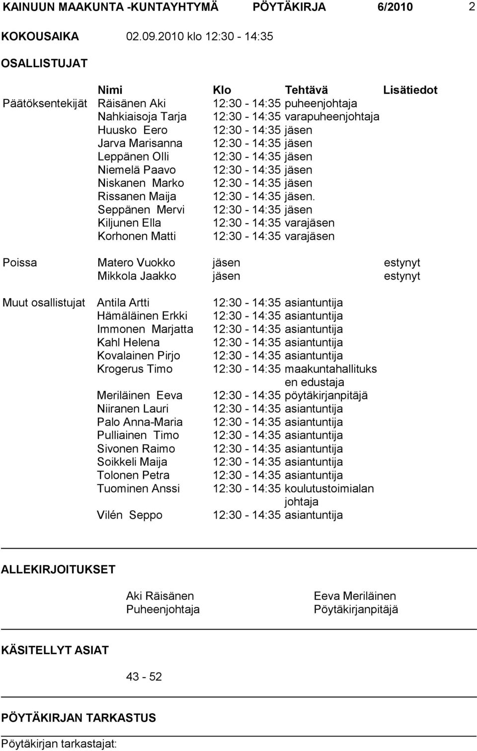 Jarva Marisanna 12:30-14:35 jäsen Leppänen Olli 12:30-14:35 jäsen Niemelä Paavo 12:30-14:35 jäsen Niskanen Marko 12:30-14:35 jäsen Rissanen Maija 12:30-14:35 jäsen.