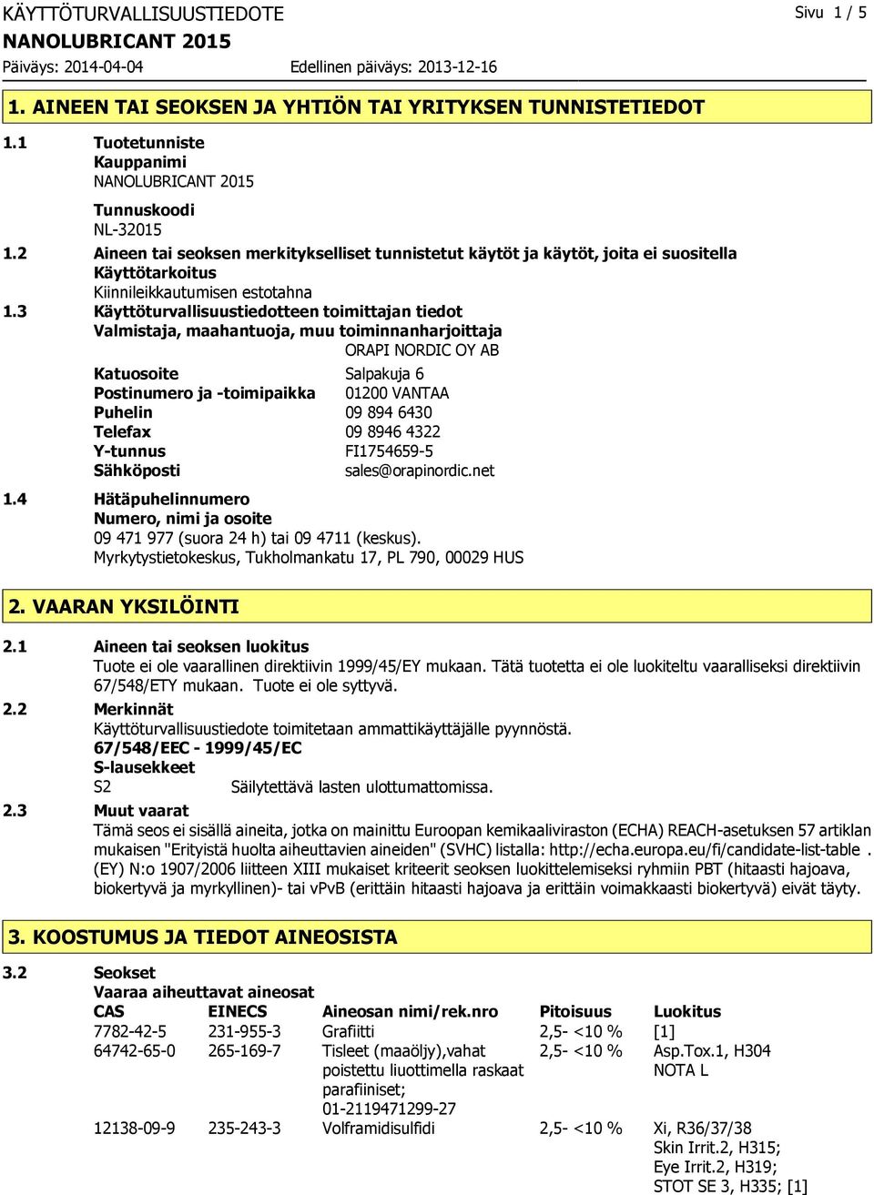 3 Käyttöturvallisuustiedotteen toimittajan tiedot Valmistaja, maahantuoja, muu toiminnanharjoittaja ORAPI NORDIC OY AB Katuosoite Salpakuja 6 Postinumero ja -toimipaikka 01200 VANTAA Puhelin 09 894