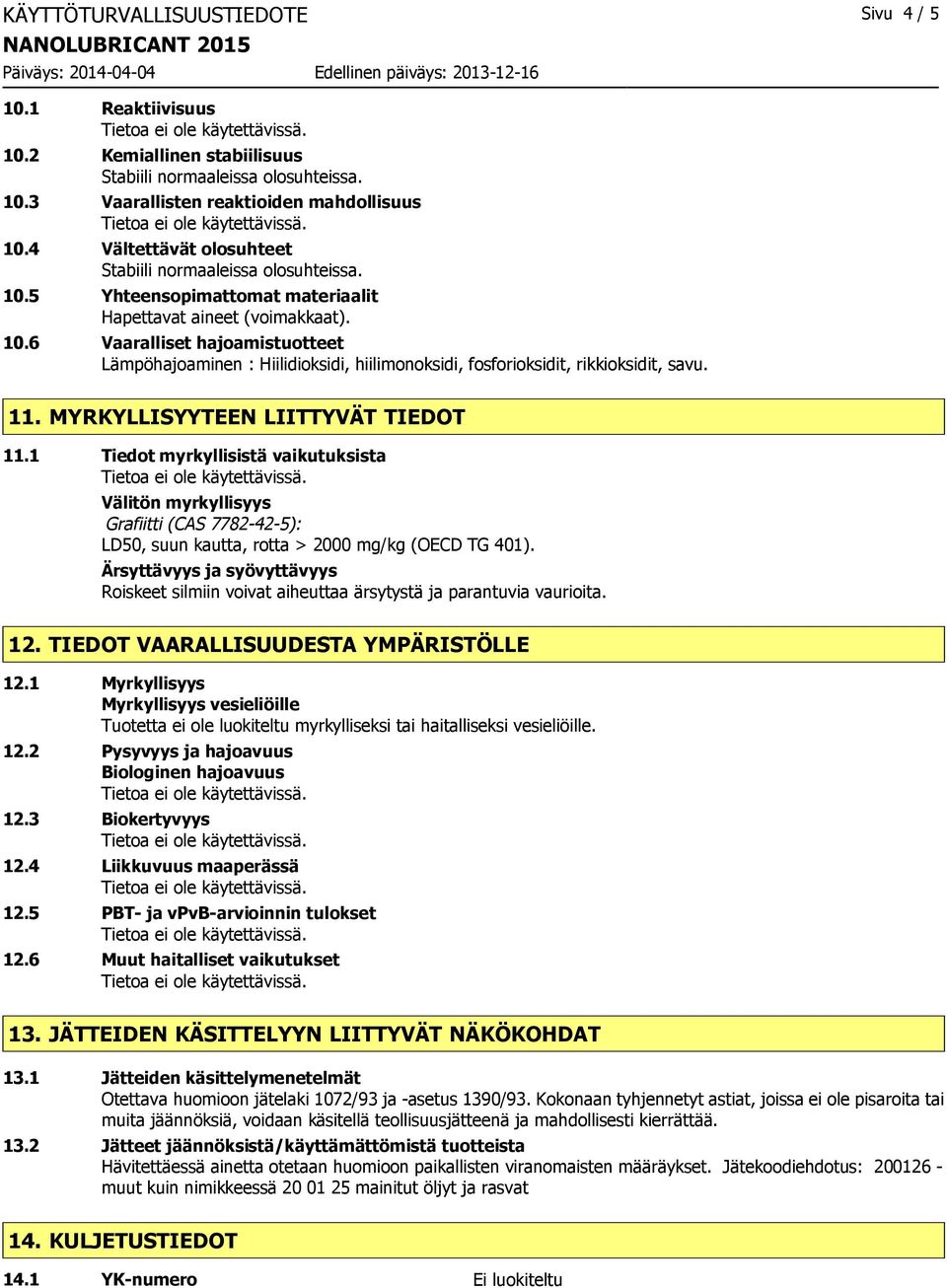 11. MYRKYLLISYYTEEN LIITTYVÄT TIEDOT 11.1 Tiedot myrkyllisistä vaikutuksista Välitön myrkyllisyys Grafiitti (CAS 7782-42-5): LD50, suun kautta, rotta > 2000 mg/kg (OECD TG 401).