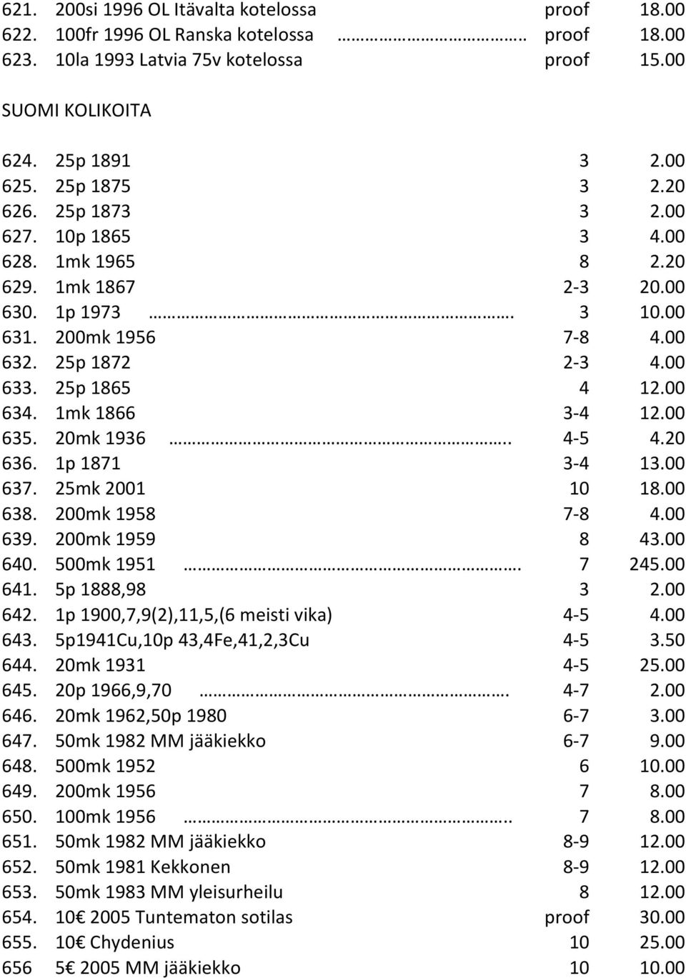 1mk 1866 3-4 12.00 635. 20mk 1936.. 4-5 4.20 636. 1p 1871 3-4 13.00 637. 25mk 2001 10 18.00 638. 200mk 1958 7-8 4.00 639. 200mk 1959 8 43.00 640. 500mk 1951. 7 245.00 641. 5p 1888,98 3 2.00 642.