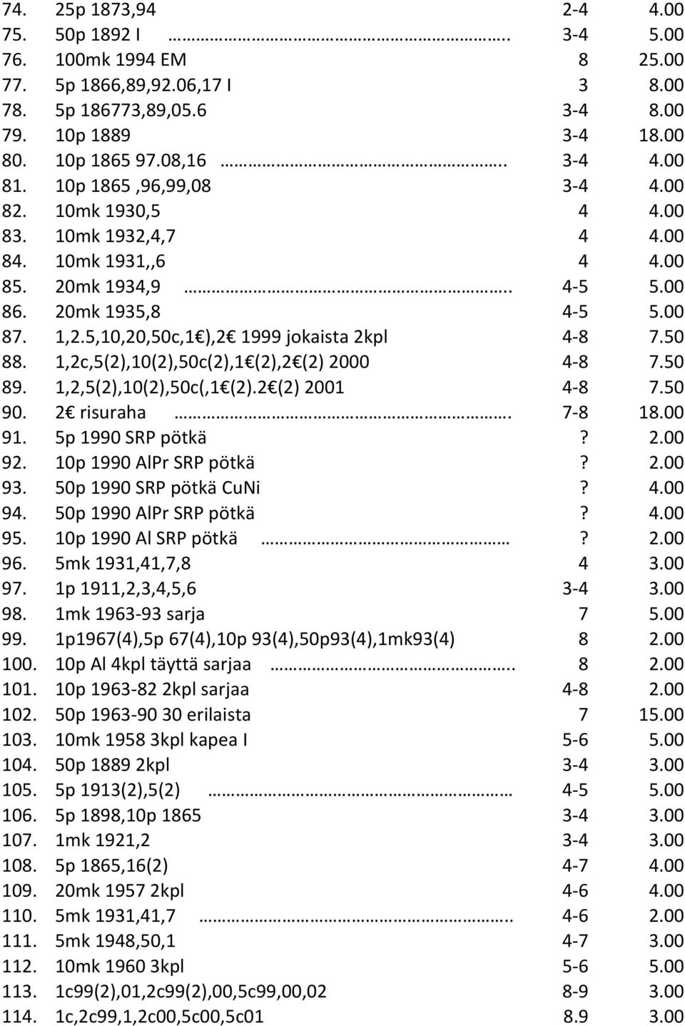 5,10,20,50c,1 ),2 1999 jokaista 2kpl 4-8 7.50 88. 1,2c,5(2),10(2),50c(2),1 (2),2 (2) 2000 4-8 7.50 89. 1,2,5(2),10(2),50c(,1 (2).2 (2) 2001 4-8 7.50 90. 2 risuraha. 7-8 18.00 91. 5p 1990 SRP pötkä? 2.00 92.