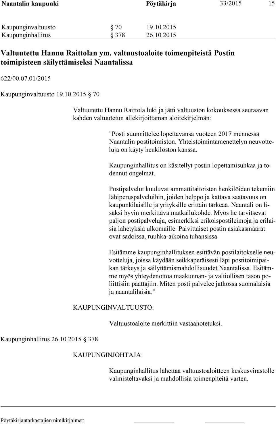 2015 70 Kaupunginhallitus 26.10.
