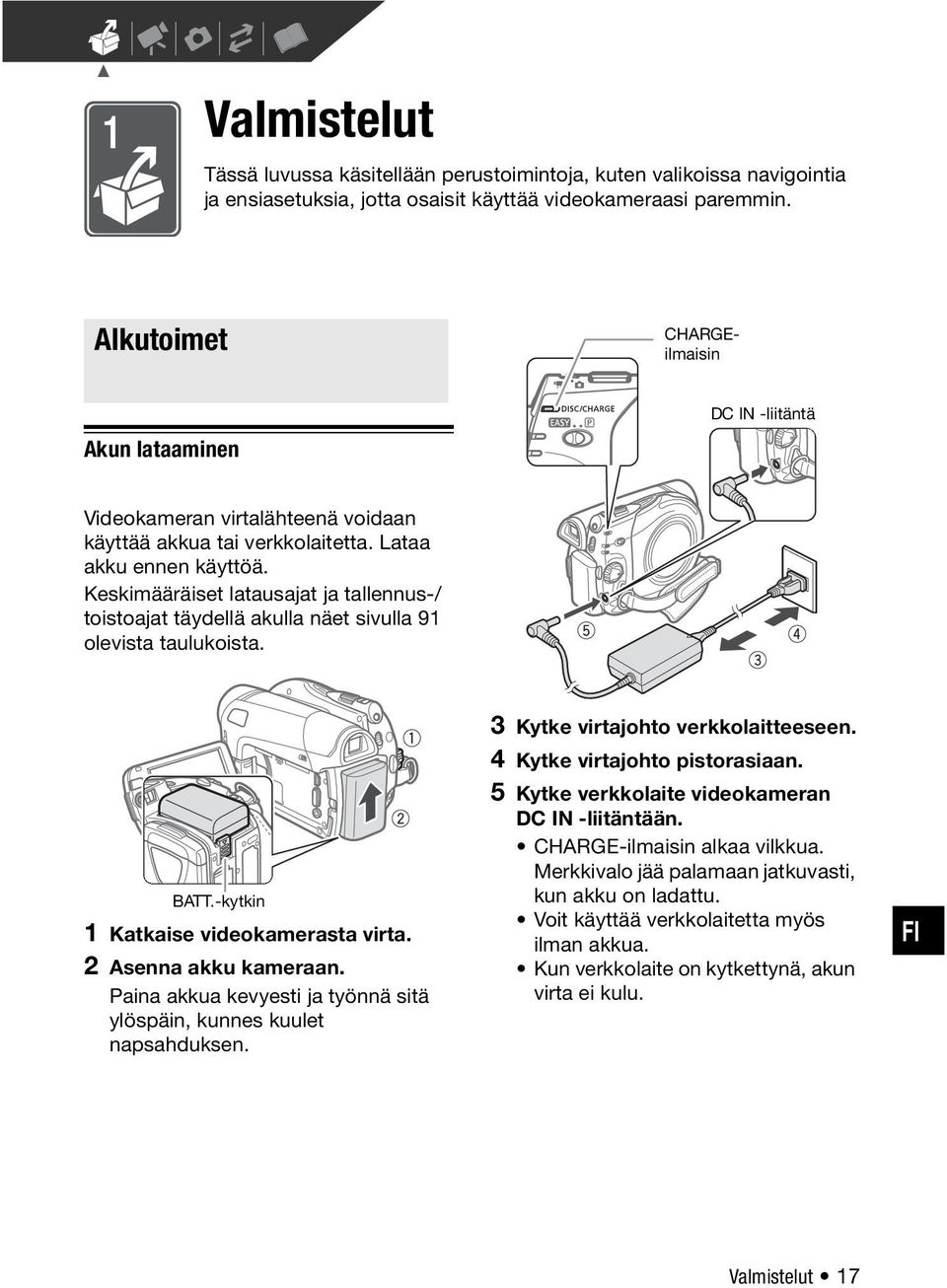 Keskimääräiset latausajat ja tallennus-/ toistoajat täydellä akulla näet sivulla 91 olevista taulukoista. BATT.-kytkin 1 Katkaise videokamerasta virta. 2 Asenna akku kameraan.
