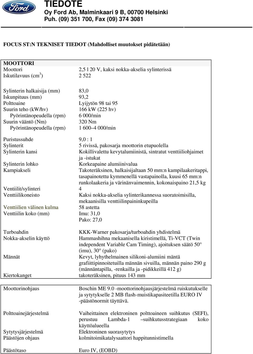 halkaisija (mm) 83,0 Iskunpituus (mm) 93,2 Polttoaine Lyijytön 98 tai 95 Suurin teho (kw/hv) 166 kw (225 hv) Pyörintänopeudella (rpm) Suurin vääntö (Nm) Pyörintänopeudella (rpm) 6 000/min 320 Nm 1