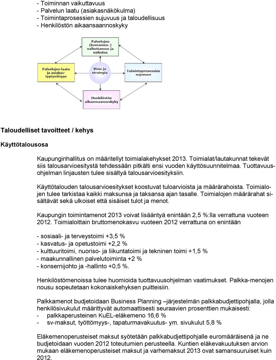 Tuottavuusohjelman linjausten tulee sisältyä talousarvioesityksiin. Käyttötalouden talousarvioesitykset koostuvat tuloarvioista ja määrärahoista.