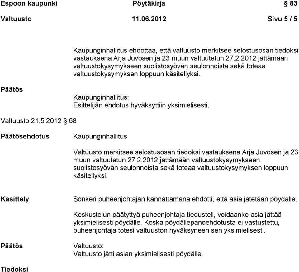 2012 68 ehdotus Kaupunginhallitus Valtuusto merkitsee selostusosan tiedoksi vastauksena Arja Juvosen ja 23 muun valtuutetun 27.2.2012 jättämään valtuustokysymykseen suolistosyövän seulonnoista sekä toteaa valtuustokysymyksen loppuun käsitellyksi.