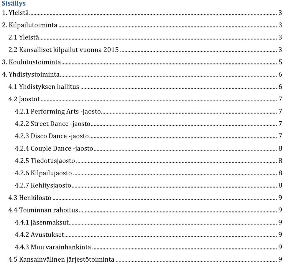 .. 7 4.2.4 Couple Dance -jaosto... 8 4.2.5 Tiedotusjaosto... 8 4.2.6 Kilpailujaosto... 8 4.2.7 Kehitysjaosto... 8 4.3 Henkilöstö... 9 4.