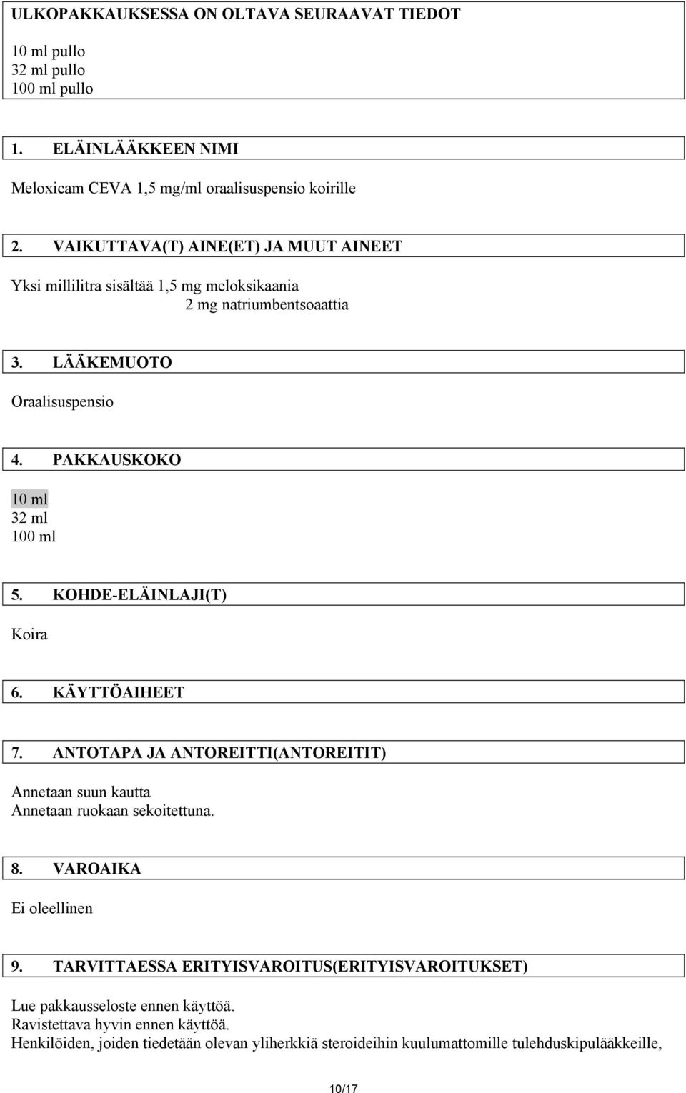 KOHDE-ELÄINLAJI(T) Koira 6. KÄYTTÖAIHEET 7. ANTOTAPA JA ANTOREITTI(ANTOREITIT) Annetaan suun kautta Annetaan ruokaan sekoitettuna. 8. VAROAIKA Ei oleellinen 9.