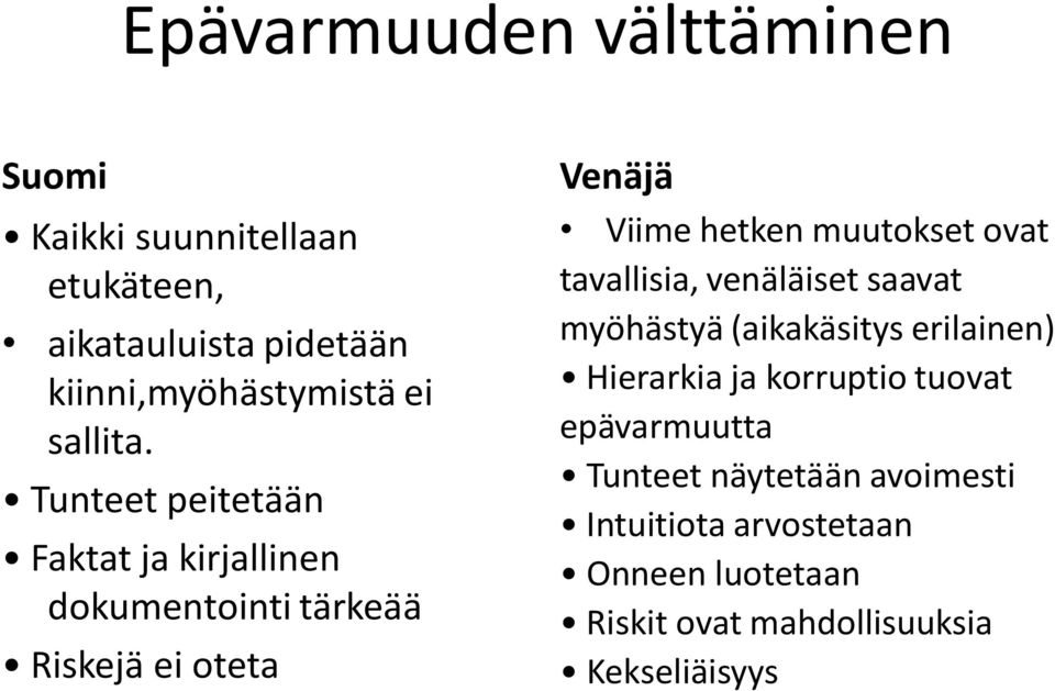 Tunteet peitetään Faktat ja kirjallinen dokumentointi tärkeää Riskejä ei oteta Venäjä Viime hetken muutokset