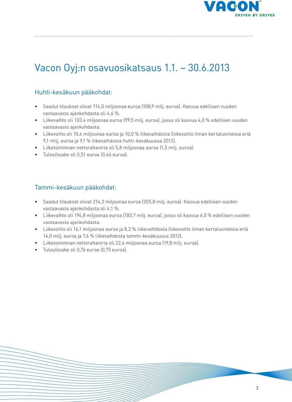 Liikevoitto oli 10,4 miljoonaa euroa ja 10,0 % liikevaihdosta (liikevoitto ilman kertaluonteisia eriä 9,1 milj. euroa ja 9,1 % liikevaihdosta huhti-kesäkuussa 2012).