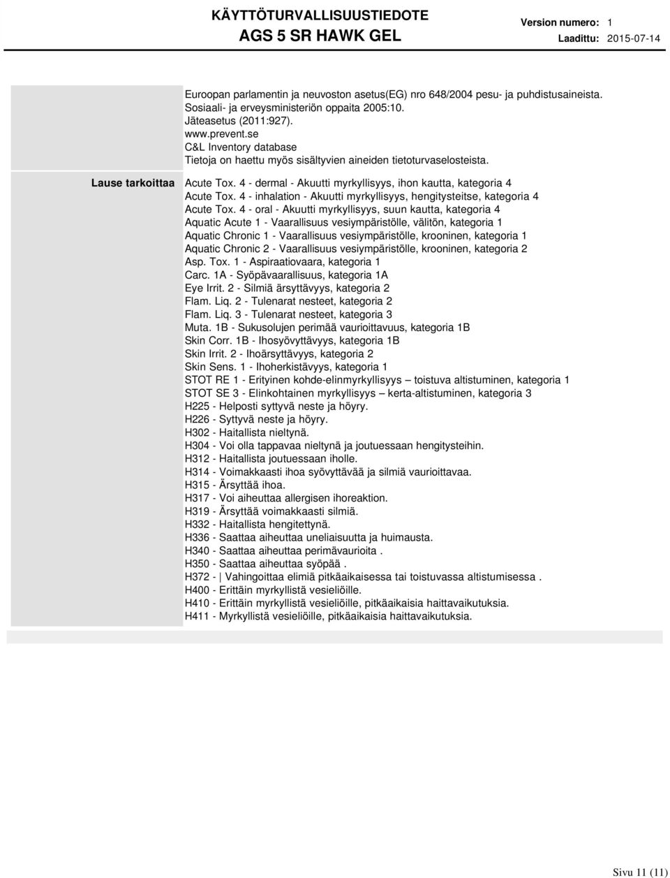 4 inhalation Akuutti myrkyllisyys, hengitysteitse, kategoria 4 Acute Tox.