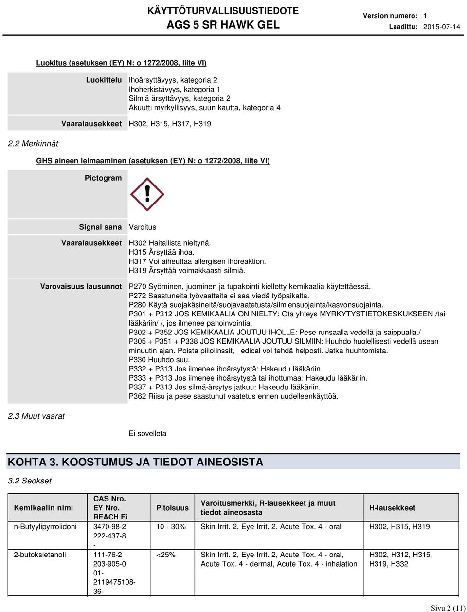 2 Merkinnät GHS aineen leimaaminen (asetuksen (EY) N: o 1272/2008, liite VI) Pictogram Signal sana Vaaralausekkeet Varovaisuus lausunnot Varoitus H302 Haitallista nieltynä. H315 Ärsyttää ihoa.