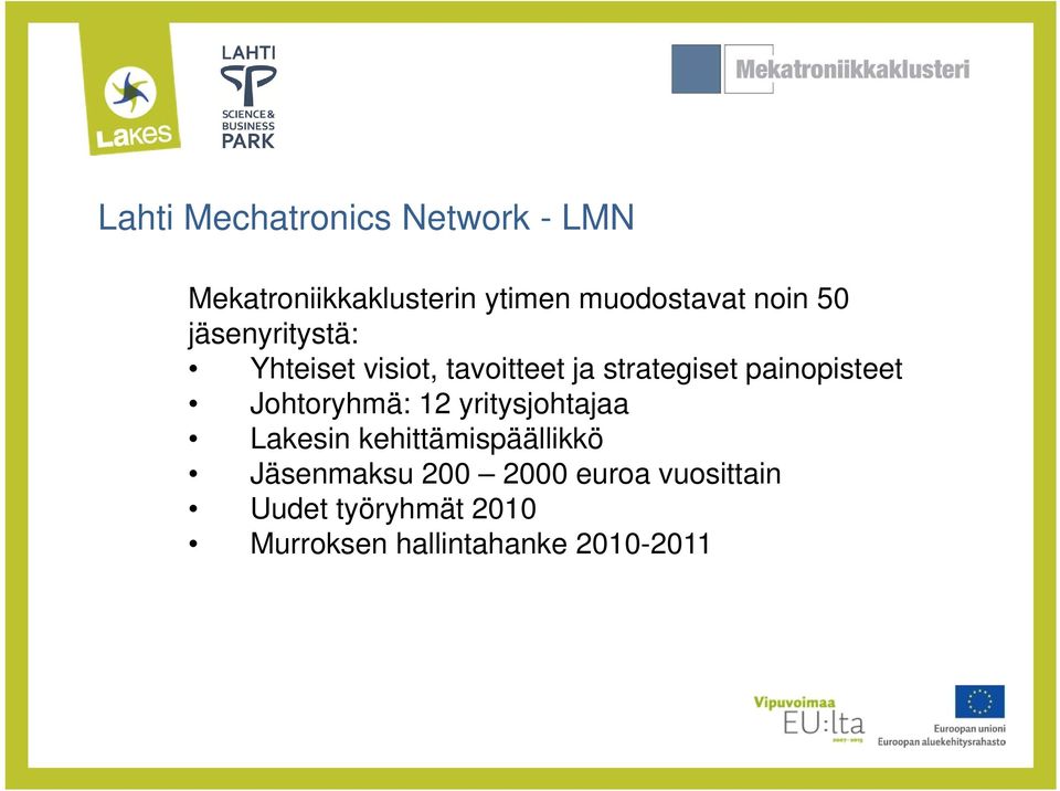 painopisteet Johtoryhmä: 12 yritysjohtajaa Lakesin kehittämispäällikkö