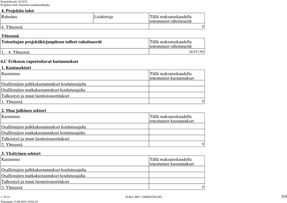 Kuntasektori Osallistujien palkkakustannukset koulutusajalta Osallistujien matkakustannukset koulutusajalta Talkootyö ja muut luontoissuoritukset 1. Yhteensä 0 2.