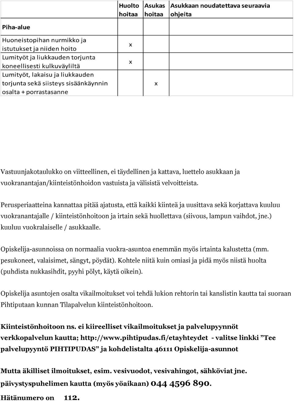 ) kuuluu vuokralaiselle / asukkaalle. Opiskelija-asunnoissa on normaalia vuokra-asuntoa enemmän myös irtainta kalustetta (mm. pesukoneet, valaisimet, sängyt, pöydät).