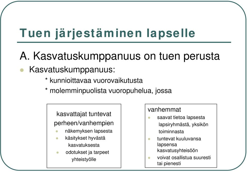 vuoropuhelua, jossa kasvattajat tuntevat perheen/vanhempien näkemyksen lapsesta käsitykset hyvästä