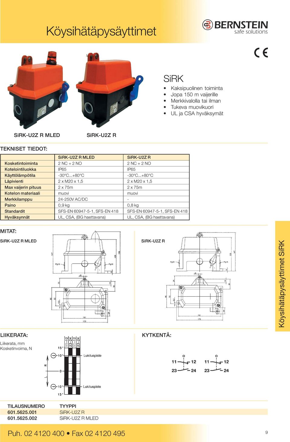 ..+80 C Läpivienti 2 x M20 x 1,5 2 x M20 x 1,5 Max vaijerin pituus 2 x 75m 2 x 75m Kotelon materiaali muovi muovi Merkkilamppu 24-250V AC/DC - Paino 0,9 kg 0,8 kg Standardit SFS-EN 60947-5-1,