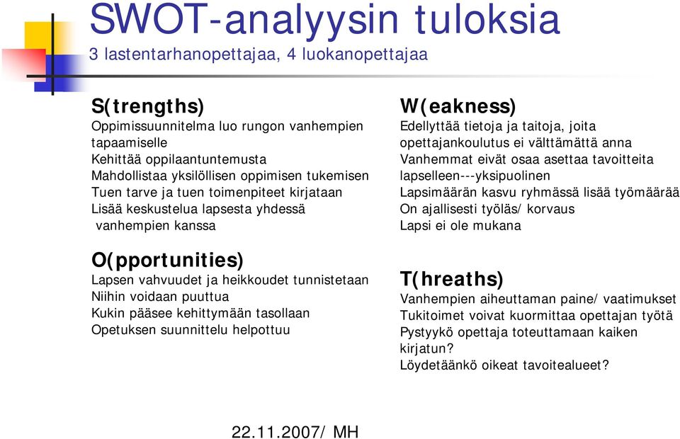 pääsee kehittymään tasollaan Opetuksen suunnittelu helpottuu W(eakness) Edellyttää tietoja ja taitoja, joita opettajankoulutus ei välttämättä anna Vanhemmat eivät osaa asettaa tavoitteita