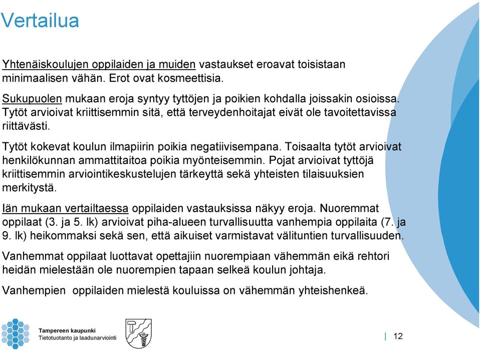 Tytöt kokevat koulun ilmapiirin poikia negatiivisempana. Toisaalta tytöt arvioivat henkilökunnan ammattitaitoa poikia myönteisemmin.