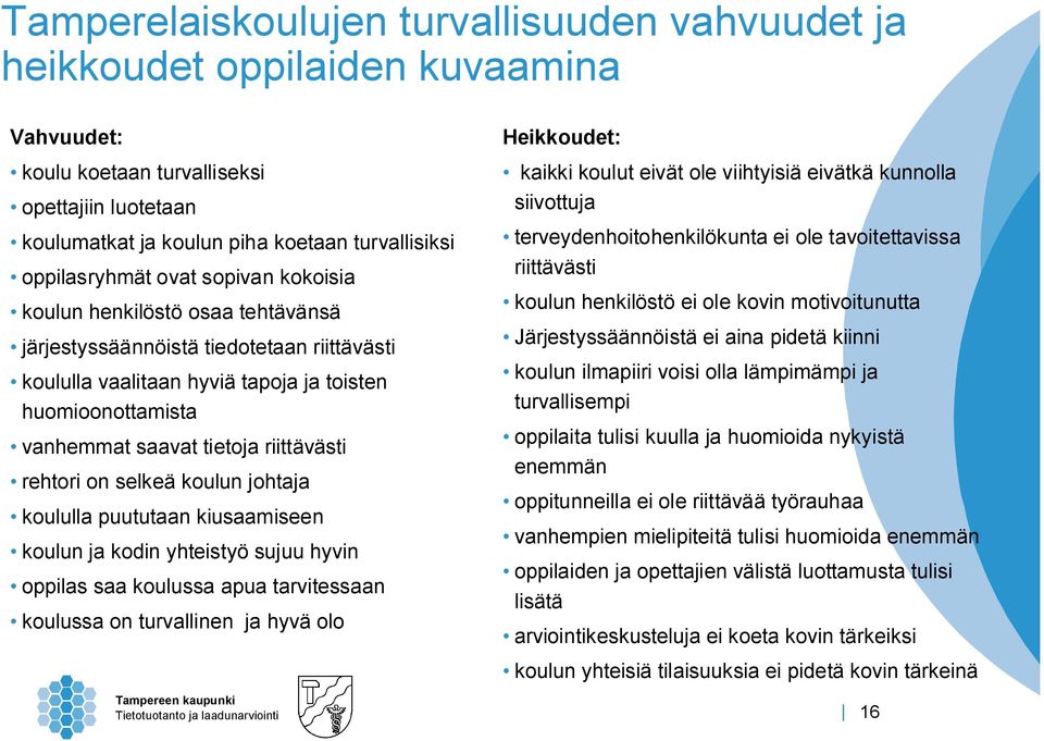 riittävästi rehtori on selkeä koulun johtaja koululla puututaan kiusaamiseen koulun ja kodin yhteistyö sujuu hyvin oppilas saa koulussa apua tarvitessaan koulussa on turvallinen ja hyvä olo