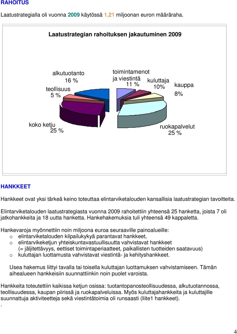 tteuttaa elintarviketaluden kansallisia laatustrategian tavitteita. Elintarviketaluden laatustrategiasta vunna 2009 rahitettiin yhteensä 25 hanketta, jista 7 li jatkhankkeita ja 18 uutta hanketta.